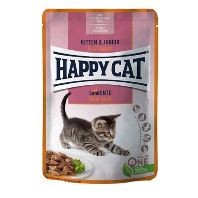 Вологий корм Happy Cat (Хеппі Кет) Kitten&Junior Land-Geflugel з качкою для кошенят (шматочки в соусі), 85 г В70625 фото