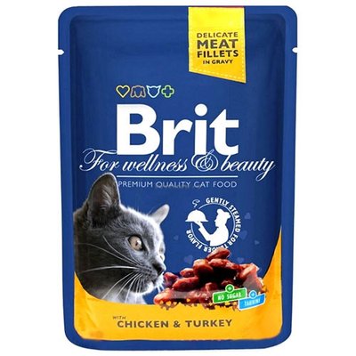 Brit Premium Cat (пауч) Шматочки в соусі з КУРКОЮ та ІНДИЧКОЮ для кішок / 100 гр 506019 фото