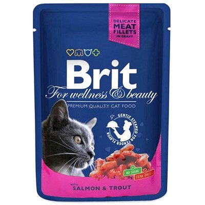 Brit Premium Cat (пауч) Шматочки в соусі з ЛОСОСЕМ і ФОРЕЛЛЮ для кішок / 100 гр 505999 фото