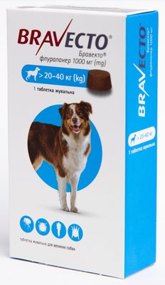Бравекто (Bravecto) 1000 мг 1 таблетка для собак 20-40 кг (від бліх і кліщів на 3 місяців) MSD Нідерланди (термін до 05.2025 р) 20868 фото