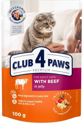 Повнораціонний консервований корм для дорослих кішок CLUB 4 PAWS (Клуб 4 лапи) Преміум з яловичиною в желе, 100 г 4820215364409 фото