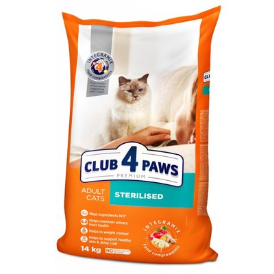 Повнораціонний сухий корм для дорослих стерилізованих кішок CLUB 4 PAWS (Клуб 4 Лапи) Преміум, 14 кг 4820083909665 фото