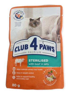 Повнораціонний корм для дорослих кішок CLUB 4 PAWS Преміум яловичина в желе стерилізовані 80 г 4820215367585 фото
